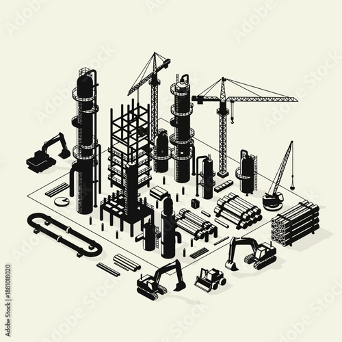 Industrial construction site with cranes and machinery.