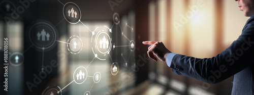 HR Recruitment Structure Global Outsourcing Social network communication concept. Virtual screen