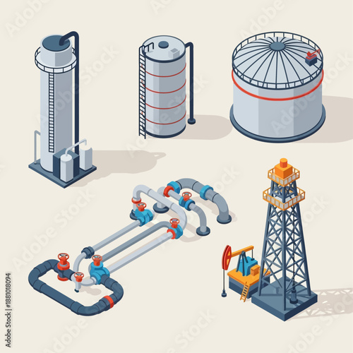 Oil refinery equipment and infrastructure illustration.
