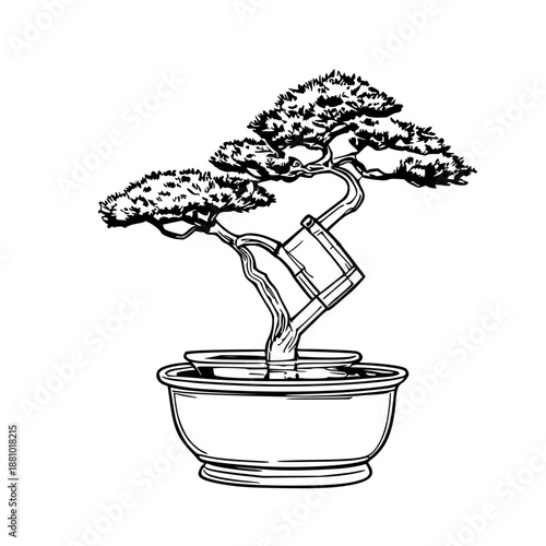 Black line art illustration of a bonsai watering nozzle tip on a white background, ideal for nursery visuals, gardening guides, and botanical design