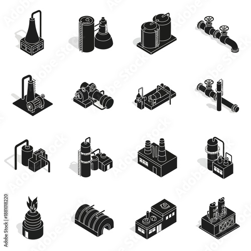 Industrial equipment icons set in black and white.