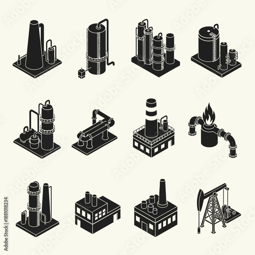 Industrial equipment icons set in black and white.