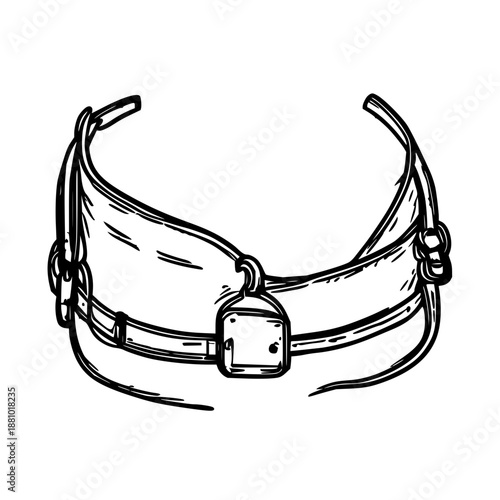 Black line art illustration of dog harness featuring chest buckle, minimal style on clean white background for dog owners and pet lovers