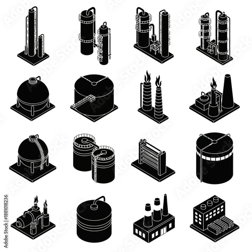 Industrial equipment icons set in black and white.