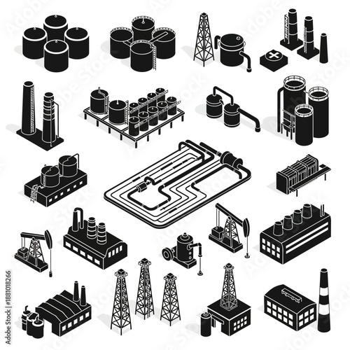 Industrial icons set including oil rigs, refineries, and factories in black and white.