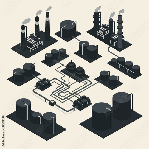 Isometric illustration of an oil refinery process with various industrial components.