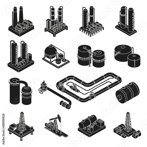 Industrial equipment and machinery icons set in black and white.