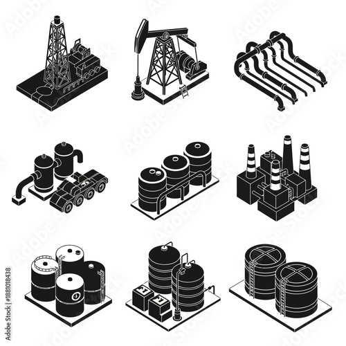 Oil Industry Icons Featuring Refineries and Storage Tanks.