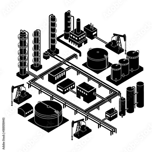 Industrial oil refinery complex with various tanks and machinery.