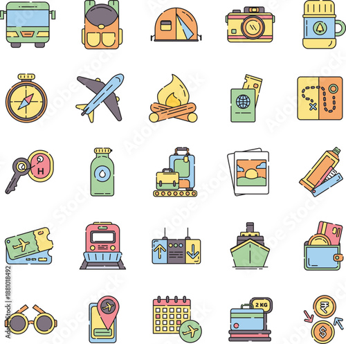 Travelling icons collection featuring travel, journey, adventure, transportation, and exploration vector elements