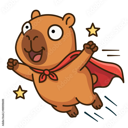 Adorable kawaii capybara superhero flying in red cape with stars, cute exotic animal character mascot for children posters and stickers, joyful brave rodent comic style isolated on white background.