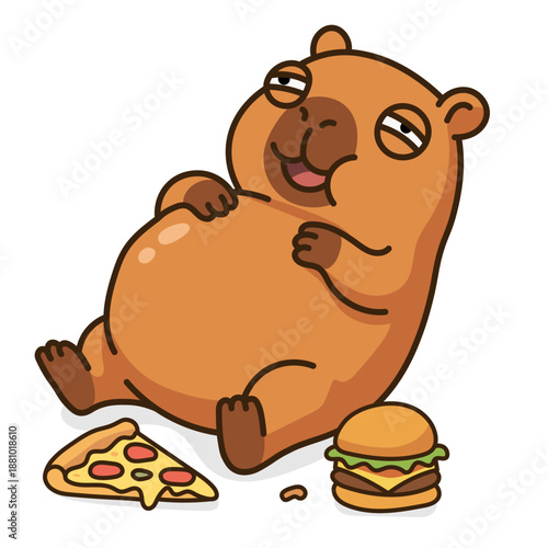 Adorable kawaii fat capybara character eating fast food with pizza and burger, cute lazy exotic animal mascot for restaurant menu and stickers, isolated flat vector on white background.