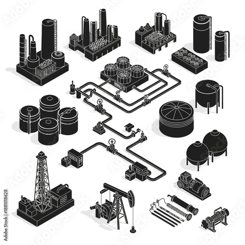 Industrial equipment icons set in black and white.