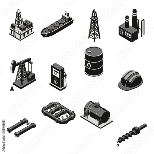 Industrial equipment icons set in black and white.