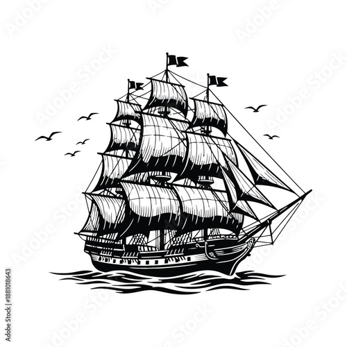 Black and white sailing ship illustration, birds flying, choppy seas, classic graphic art