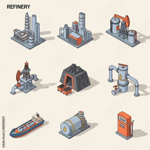 Industrial equipment icons set in black and white.