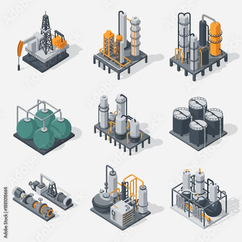 Industrial equipment icons set in black and white.