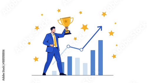 Businessman holding trophy with rising graph and stars, symbolizing success