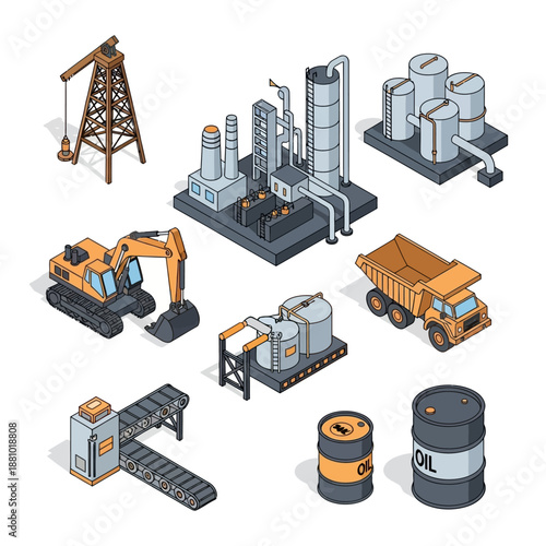 Industrial equipment icons set in black and white.
