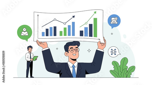 Businessman holding up a growing financial graph, business growth concept