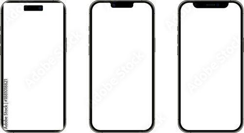 Smartphone Mockup Set Vector, Realistic Bezeless Screen Templates with Dynamic Island, Notch and Classic Notch Designs