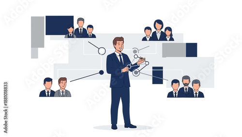 Businessman Managing Network of Connected People and Ideas