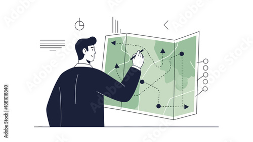Businessman planning strategy on a map with arrows and routes