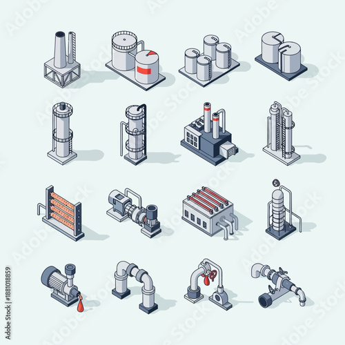 Industrial equipment icons set in black and white.