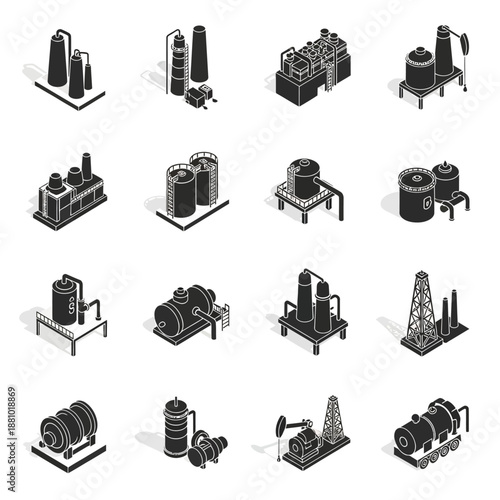 Industrial equipment icons set in black and white.