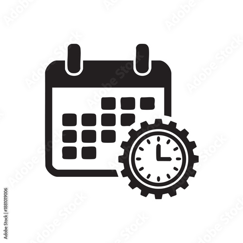 A simple black and white graphic showing a calendar with a clock symbolizing time management and scheduling