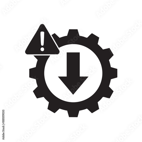 A warning sign integrated with gear mechanisms and a downward arrow symbolizing a system error or critical issue