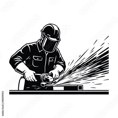 Black and white illustration: Welder grinding metal beam, sparks flying, protective gear, safety helmet