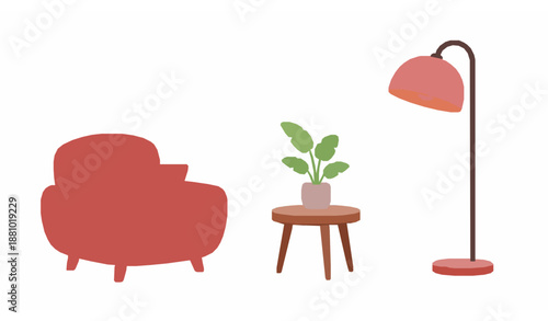 Soft 3D cartoon home decor set with red armchair side table plant and floor lamp