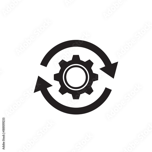 A circular icon featuring a gear surrounded by two opposing arrows representing a cyclical process or automation