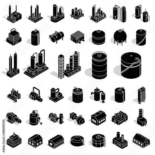 Industrial equipment icons set in black and white.