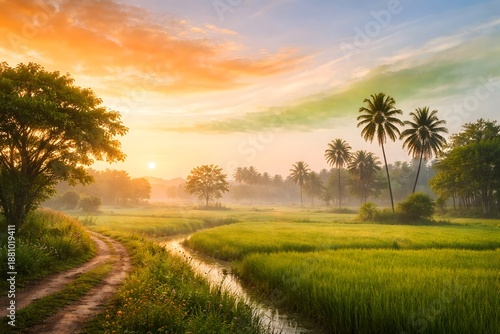 Peaceful Village Morning With Tri-color Sky On Republic Day