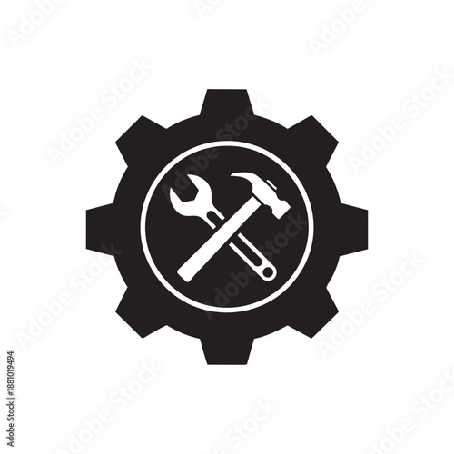 A black and white icon depicting a gear with crossed tools inside symbolizing engineering or maintenance