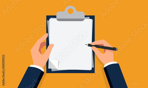 Writing on Clipboard Vector Illustration mockup, Top View Professional Documentation and Business Planning Graphic