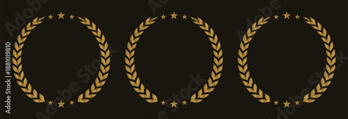 Collection of golden label with laurel wreath - Vector illustrations of gold award badges or labels.