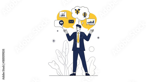 Businessman thinking about finance, data, and communication, vector illustration