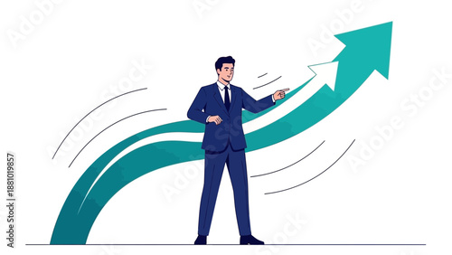 Businessman points to upward trending arrow graph, concept of growth and success.