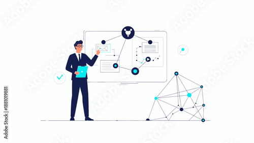 Businessman presenting data analysis and network connections on whiteboard