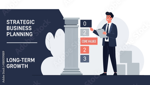 Businessman presenting strategic business planning for long-term growth and core values