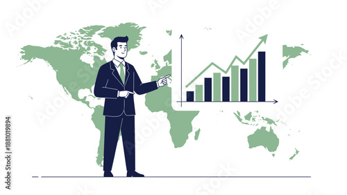 Businessman presenting global financial growth chart with world map background
