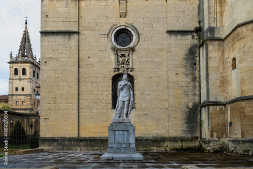 San Salvador Cathedral in Oviedo, Spain with the Statue of Alfonso II of Asturias, the starting point of the Camino Primitivo (Original Way), the oldest pilgrimage route to Santiago de Compostela.