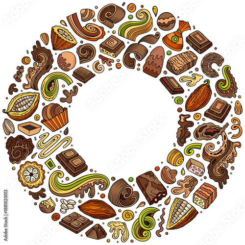 Colorful vector set of Chocolate cartoon doodle objects, symbols and items. Round frame composition