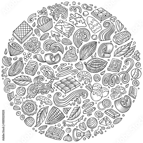 Sketchy vector set of Chocolate cartoon doodle objects, symbols and items. Round composition