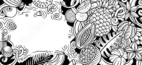 Cartoon vector doodle Tropical Fruits banner background. Funny natural food sketchy illustration.