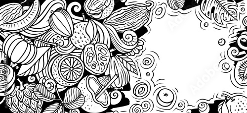 Cartoon vector doodle Tropical Fruits banner background. Funny natural food sketchy illustration.