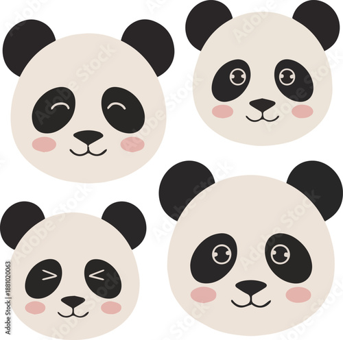 Four Cute Panda Faces With Different Expressions In A Flat Style Bear Animal de